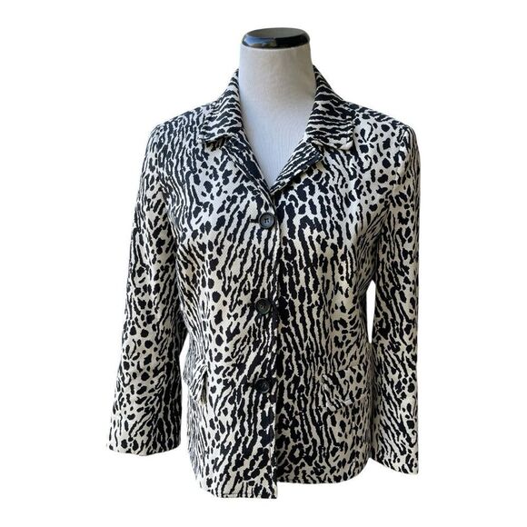 TALBOTS White Black Animal Print Cotton Spandex Blazer Jacket Size 12 Office EUC - Picture 1 of 9